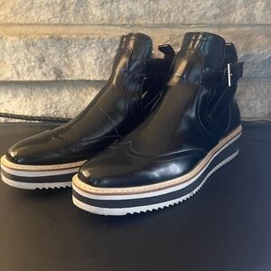 Zara Black Patent Vegan Leather Wingtip Wedge Cutout Buckle Ankle Boots Size 9